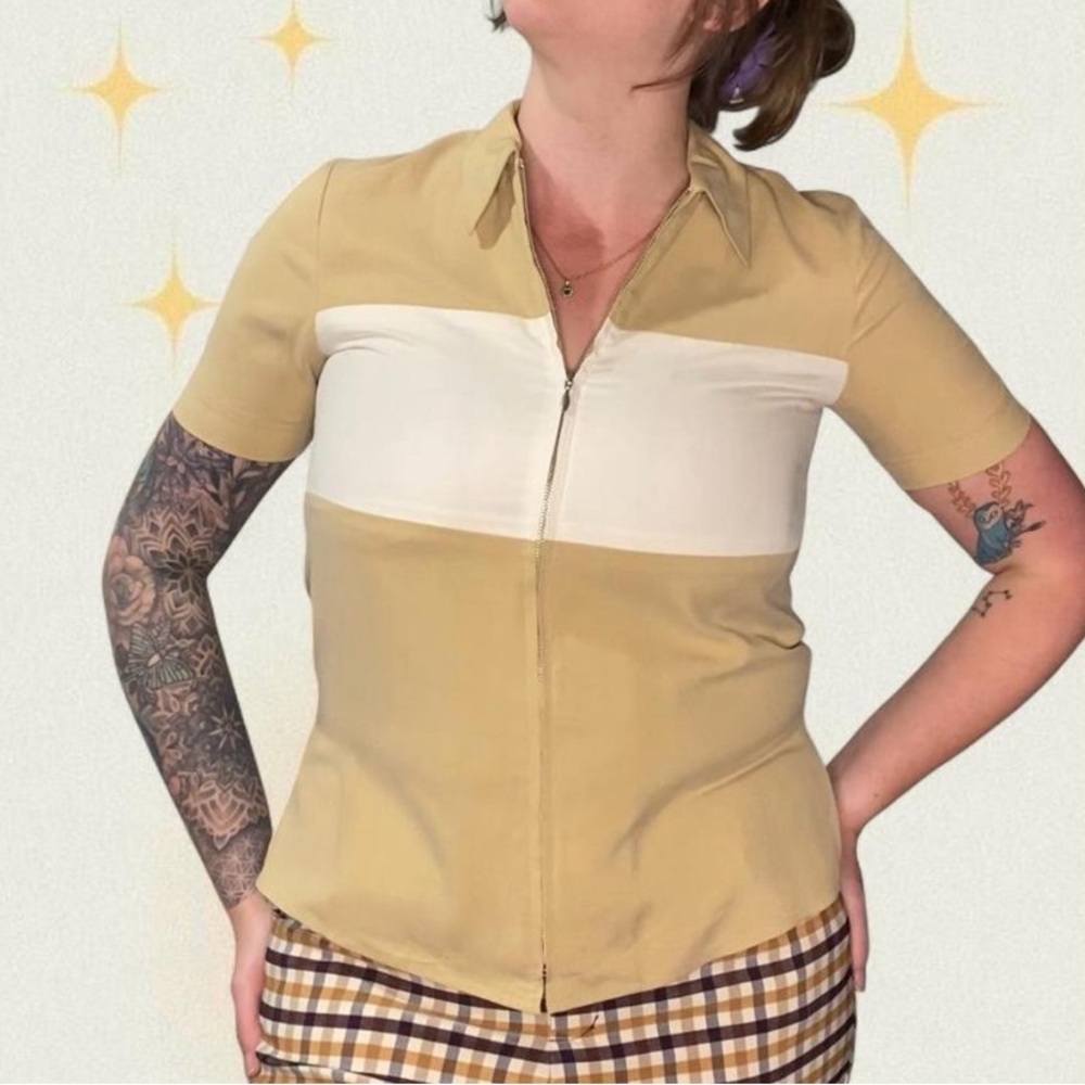 Saks Fifth Avenue Tan and Cream Zip Up Shirt